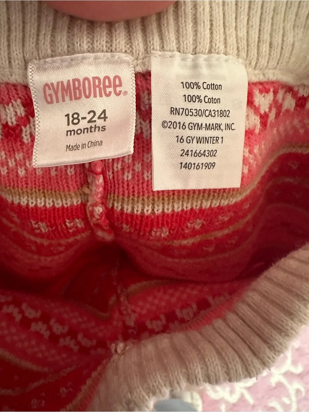 Gymboree Red Top with Pink Cup Applique and Cream Knit Fair Isle Pants